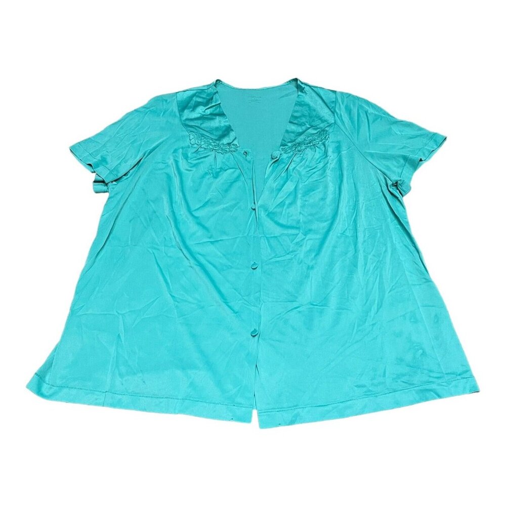 Vanity Fair Green Embroidered Trim Button Satin Pajama Top Nylon Shirt Sleep 1X